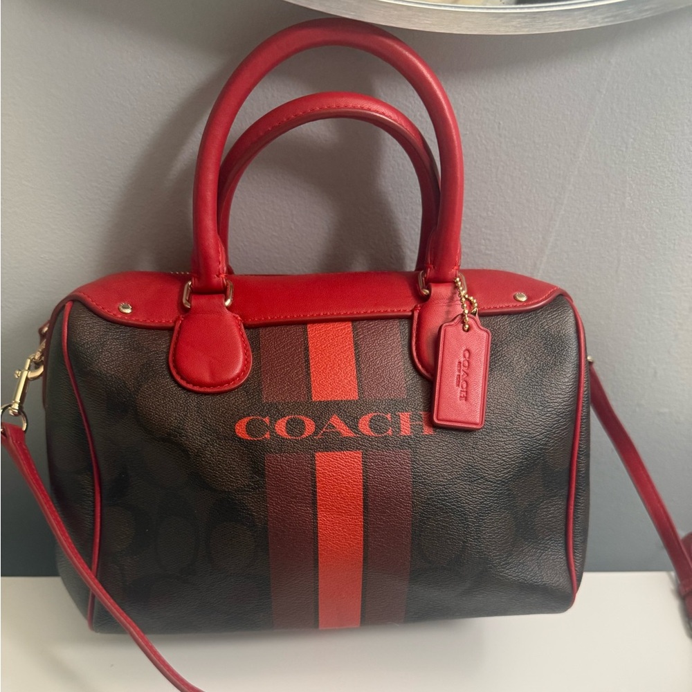 👜 Coach Leather Mini Satchel w/ Signature Stripe – Red & Brown - Picture 3 of 12